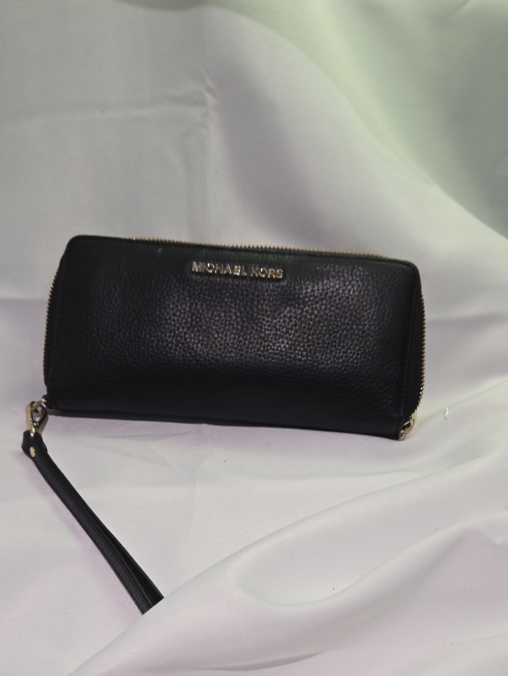Michael Kors Black Pebbled Leather Zip Wristlet with Gold Hardware